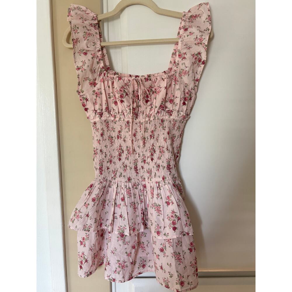 H&M NWT Pink Floral Cottagecore Mini Dress Ruffle Strap Tie Front - Picture 2 of 5